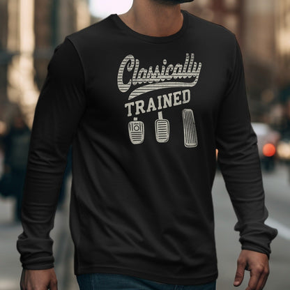 Black long-sleeve shirt with "Classically TRAINED" and three car pedal graphics.