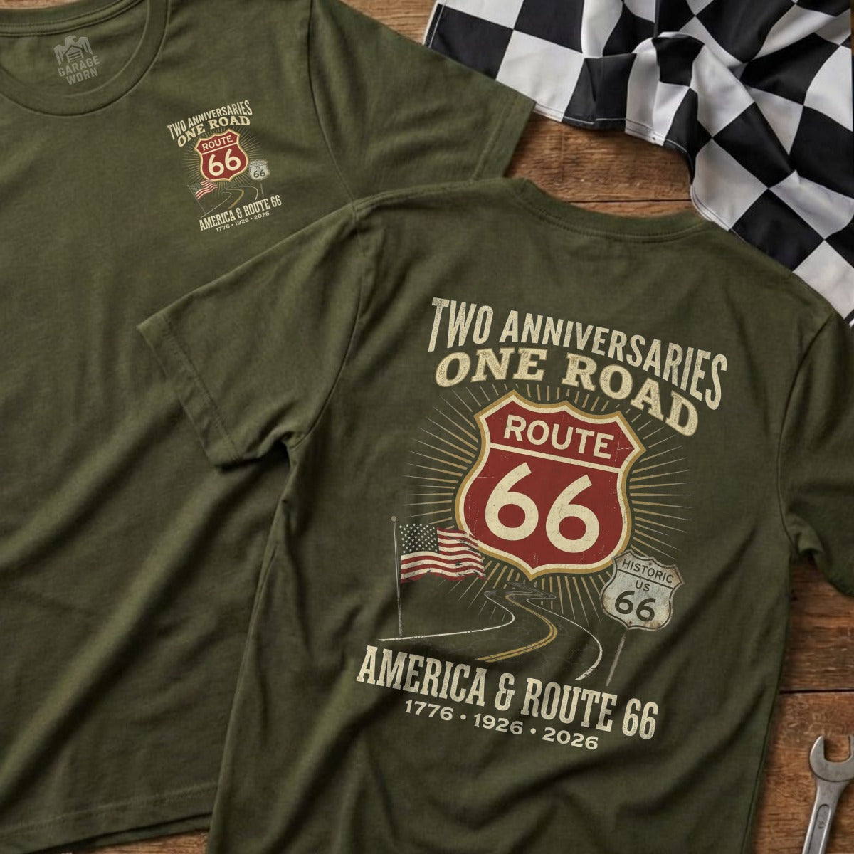 Green t-shirts with "Route 66" and anniversary dates.