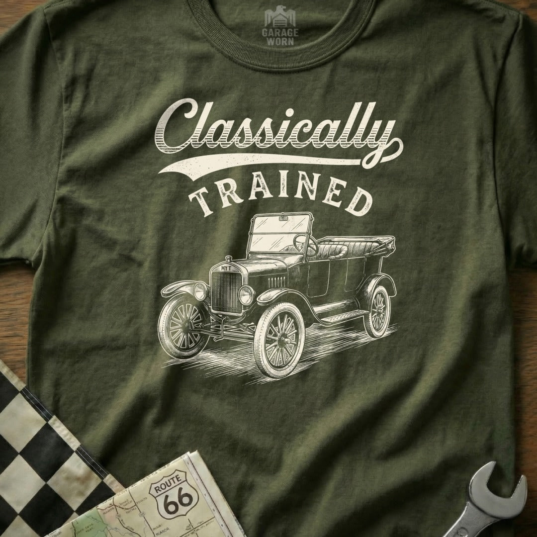 Olive green t-shirt with "Classically Trained" text and vintage car illustration.