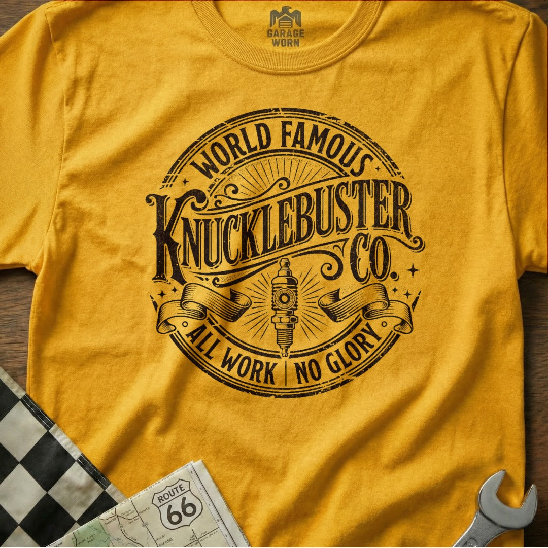 Yellow t-shirt with "KnuckleBuster Co." and "All Work No Glory" text.