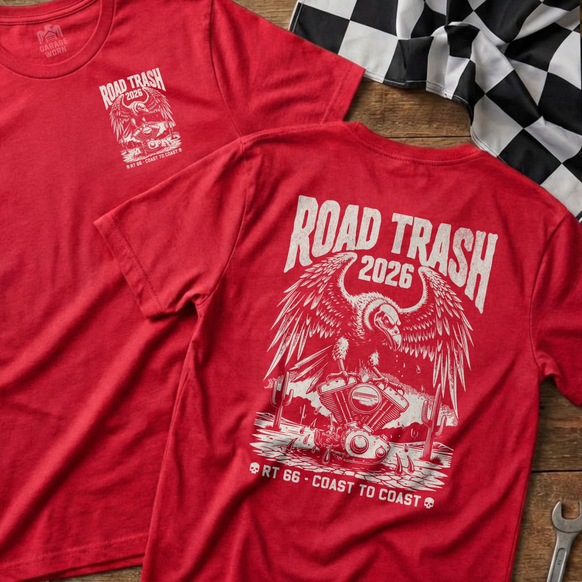Red t-shirts with eagle and motorcycle design, "Road Trash 2026".