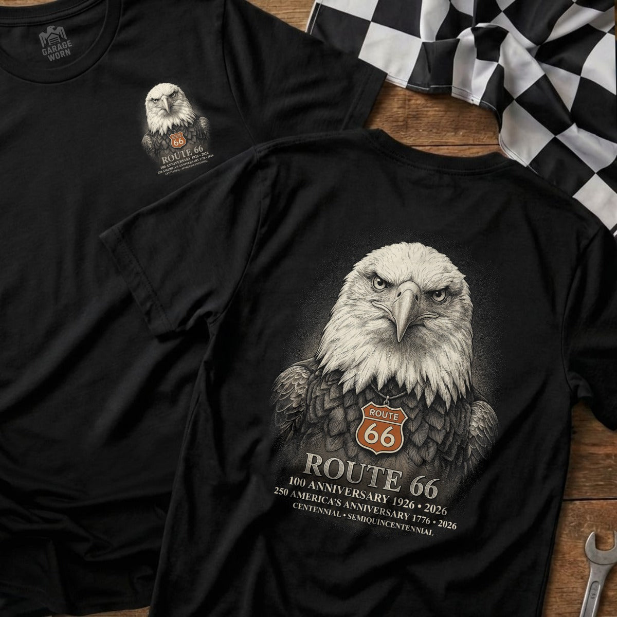 Black t-shirt with eagle graphic and Route 66 anniversary text.