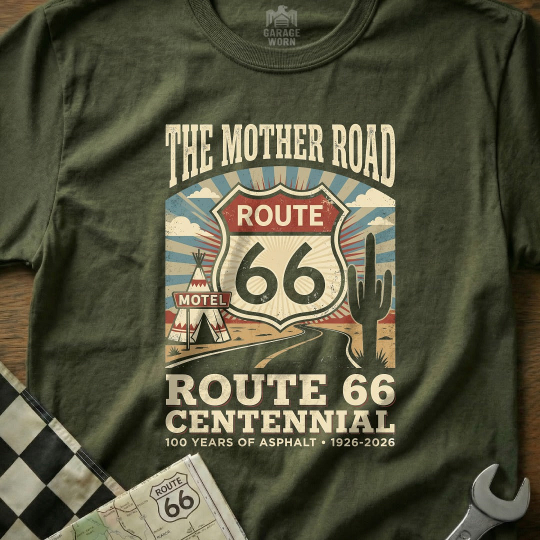 Green t-shirt with Route 66 Centennial graphic and text.