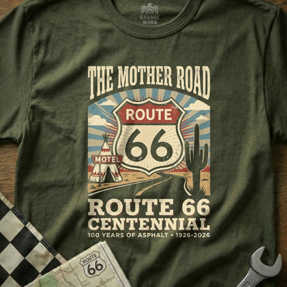 Green t-shirt with Route 66 Centennial graphic and text.