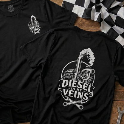 Black t-shirt with "Diesel in My Veins" graphic featuring a turbo, exhaust, and wrenches.