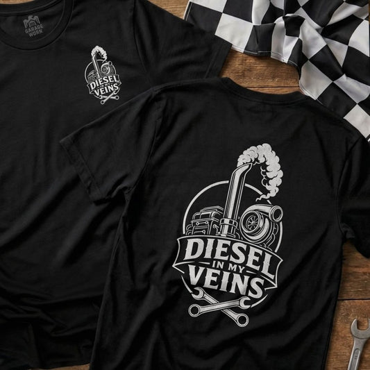 Black t-shirt with "Diesel in My Veins" graphic featuring a turbo, exhaust, and wrenches.