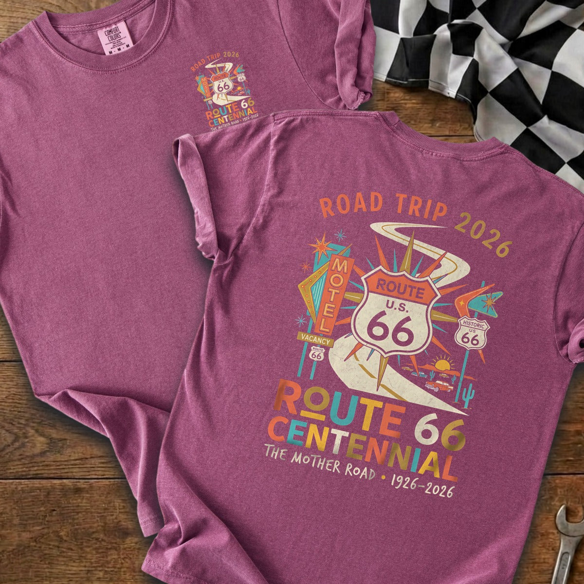 Route 66 Centennial t-shirt with "Road Trip 2026" and vintage graphic.
