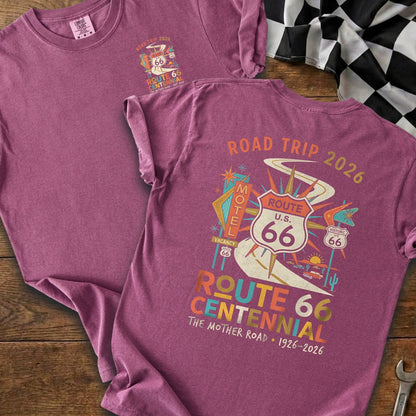 Route 66 Centennial t-shirt with "Road Trip 2026" and vintage graphic.