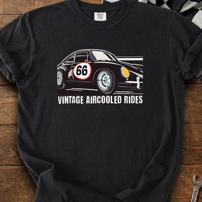 Black t-shirt with a graphic of a vintage car and text that reads "VINTAGE AIRCOOLED RIDES".