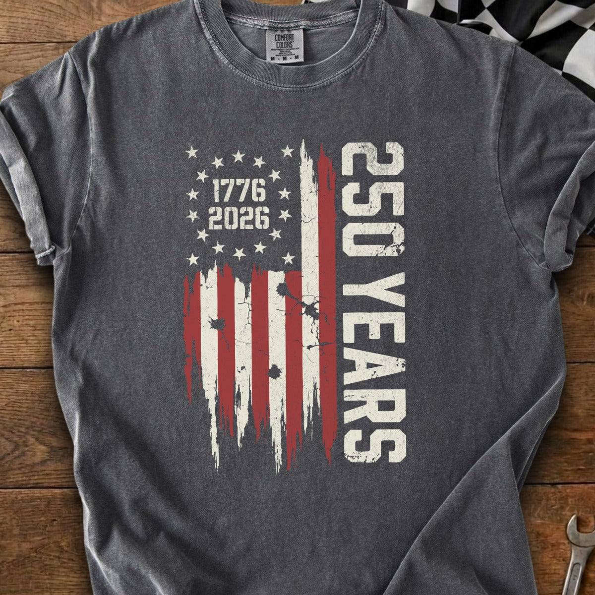T-shirt features a distressed American flag with "1776 2026" and "250 YEARS" text.