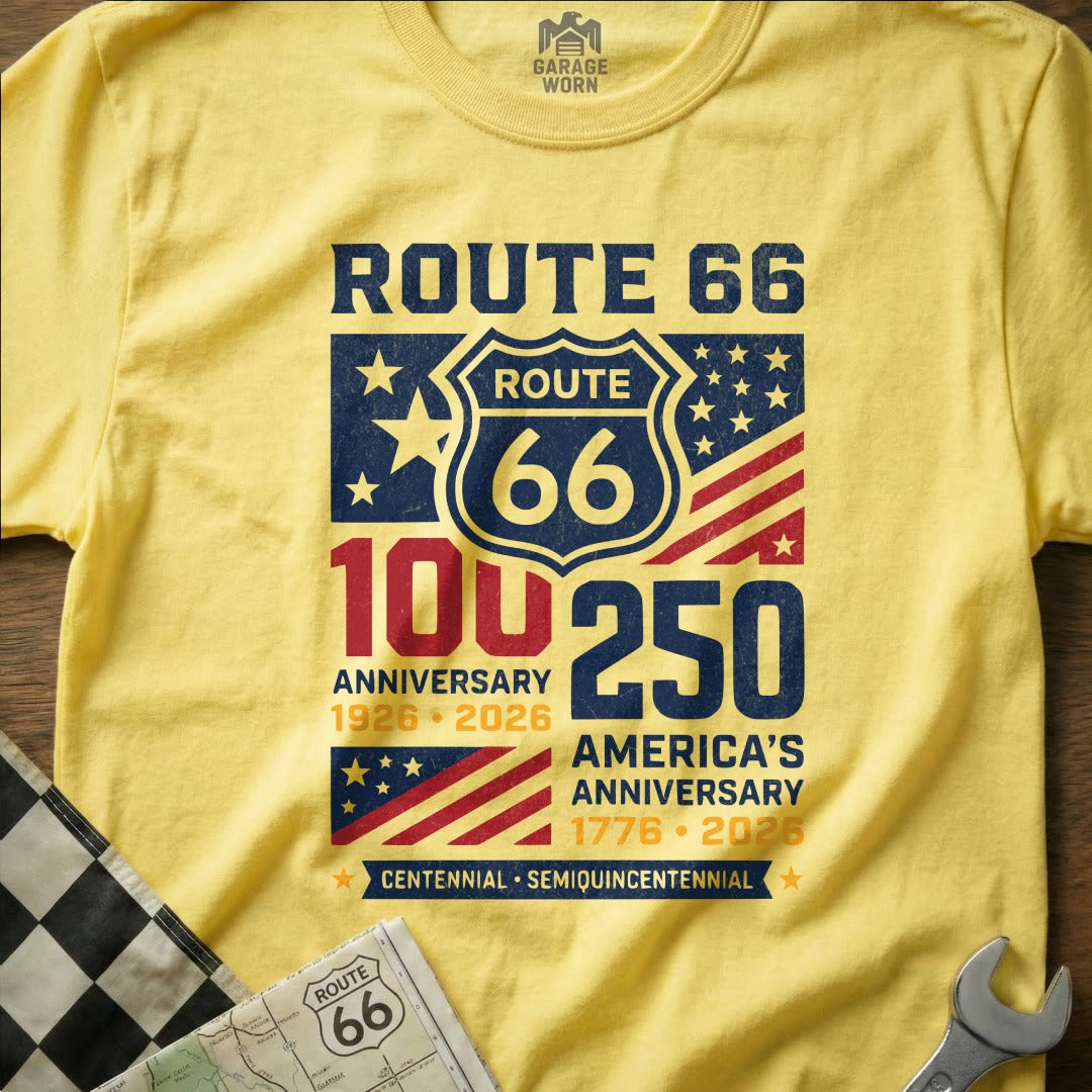 Yellow t-shirt with "Route 66 America's Anniversary" text and stars.