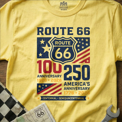 Yellow t-shirt with "Route 66 America's Anniversary" text and stars.