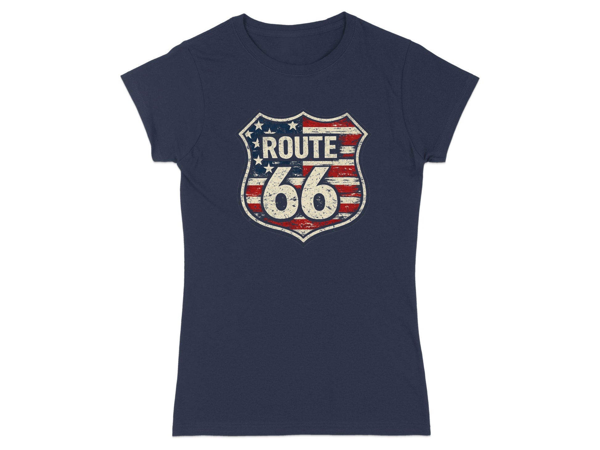 Navy t-shirt with distressed Route 66 shield logo featuring American flag pattern.