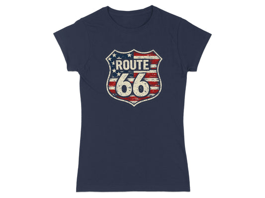 Navy t-shirt with distressed Route 66 shield logo featuring American flag pattern.