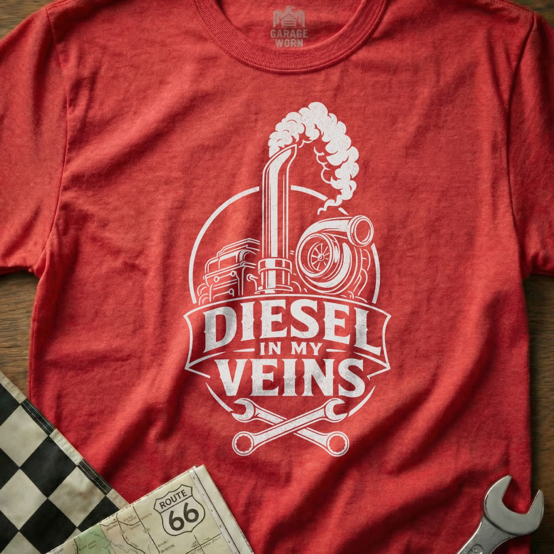 Red t-shirt with "Diesel In My Veins" text and truck engine graphic.