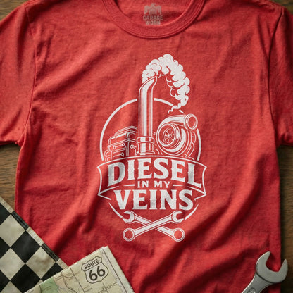 Red t-shirt with "Diesel In My Veins" text and truck engine graphic.