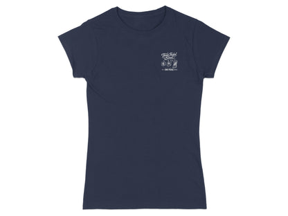 Navy t-shirt with "Two Pedal Trail" logo and beer glasses.