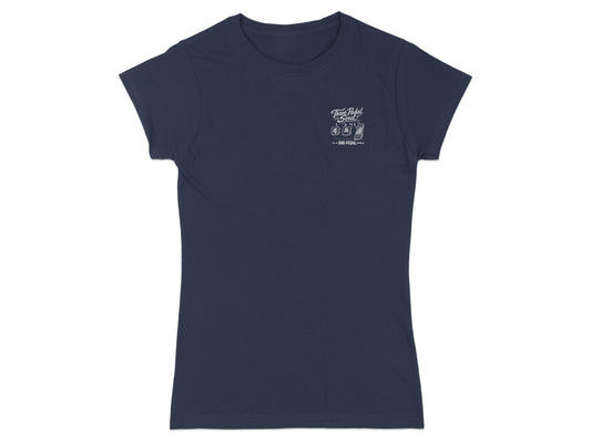 Navy t-shirt with "Two Pedal Trail" logo and beer glasses.