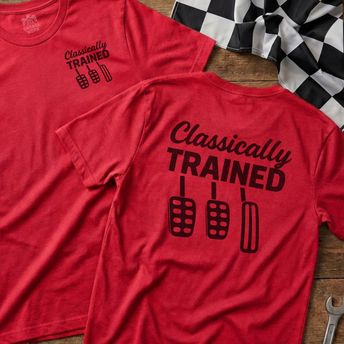 Red t-shirts with "Classically Trained" and pedal graphic.