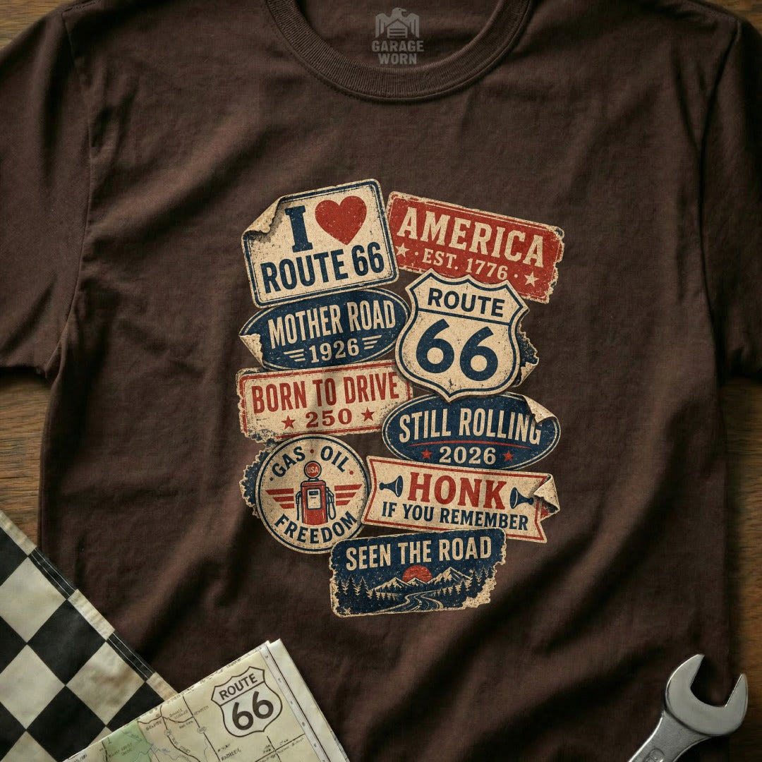Brown t-shirt with Route 66 and American road signs collage.