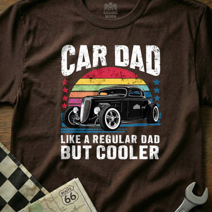 Car Dad graphic tee with a black hot rod and text.