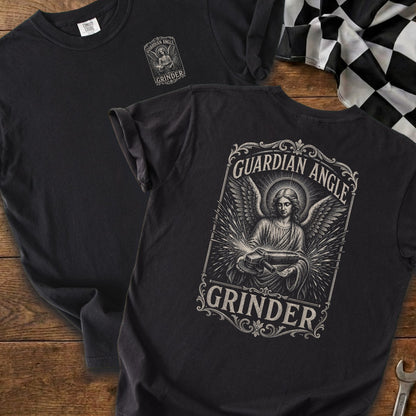 Black t-shirt with "Guardian Angle Grinder" text and angelic figure with tool.