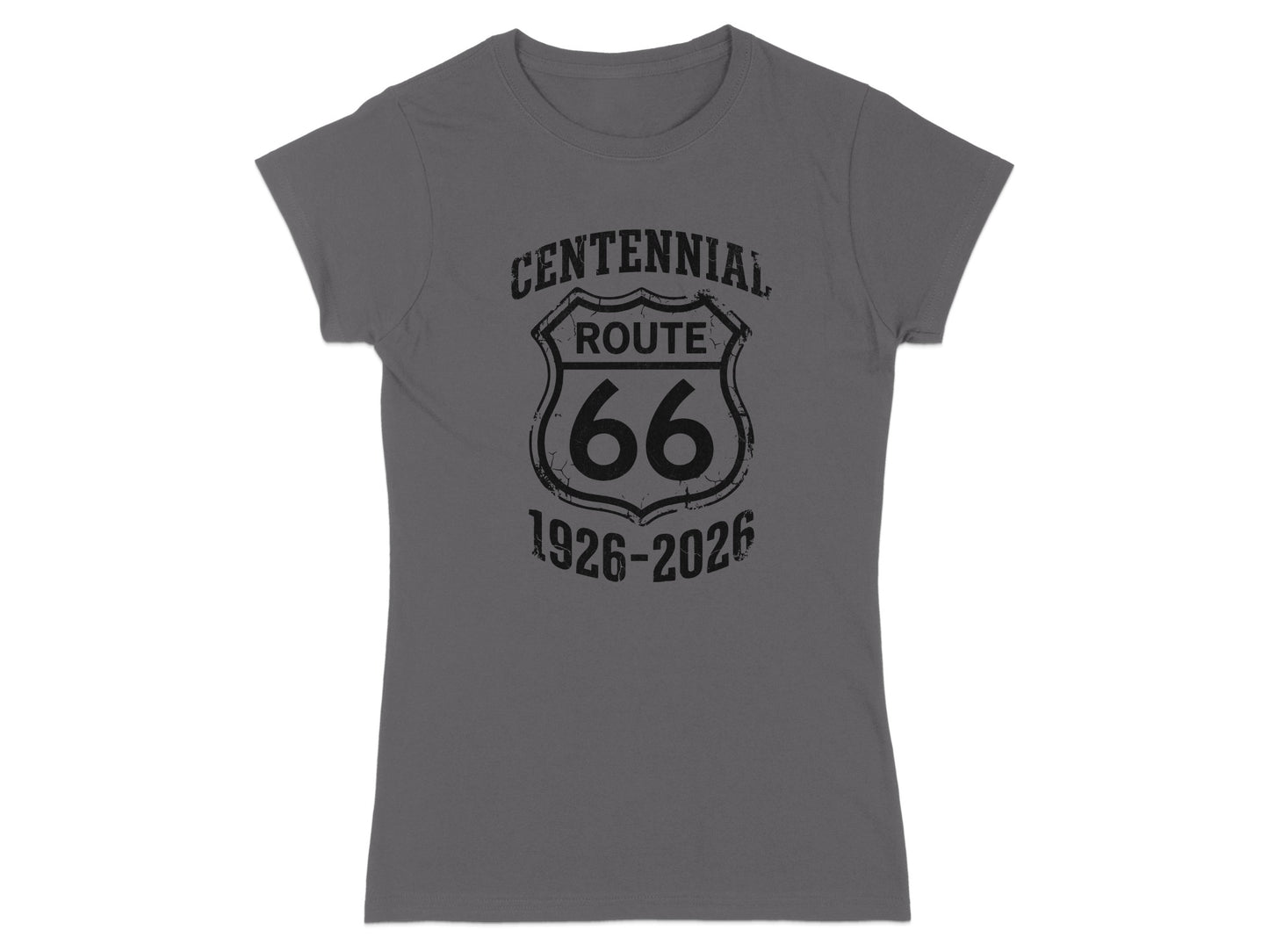 Gray t-shirt with a black Route 66 Centennial 1926-2026 logo.