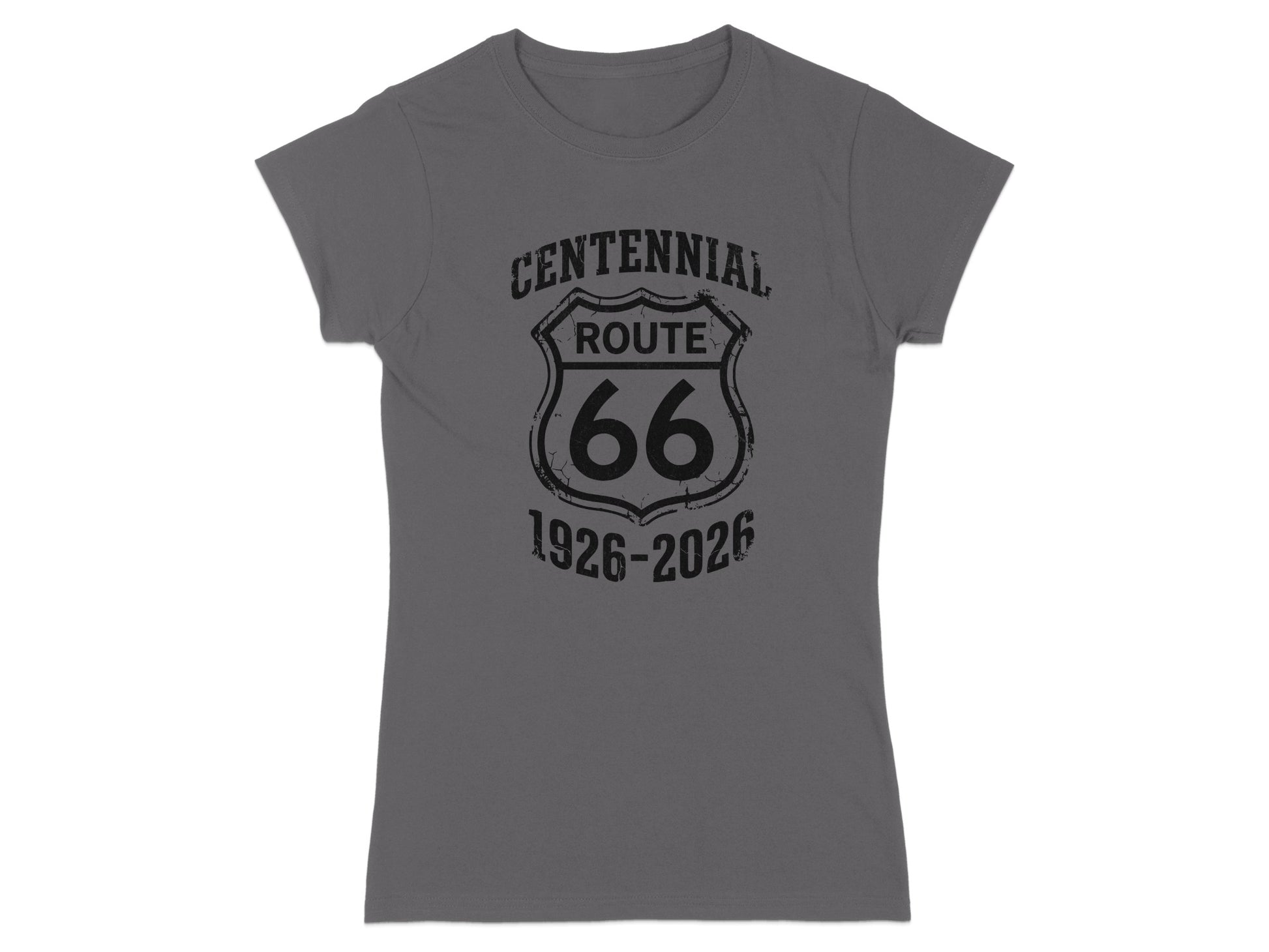 Gray t-shirt with a black Route 66 Centennial 1926-2026 logo.