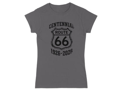 Gray t-shirt with a black Route 66 Centennial 1926-2026 logo.