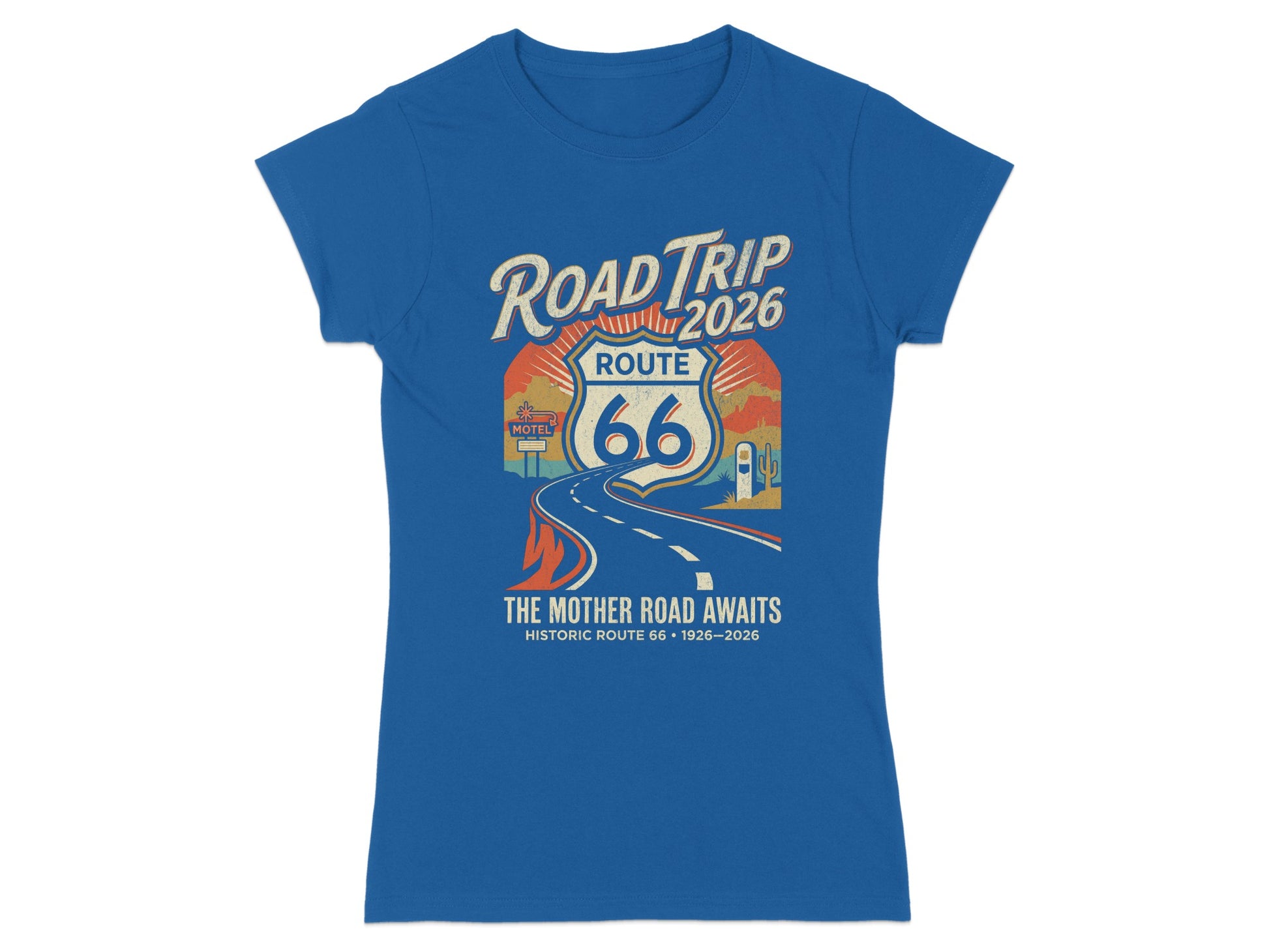 Blue t-shirt featuring Route 66 "The Mother Road Awaits" graphic.