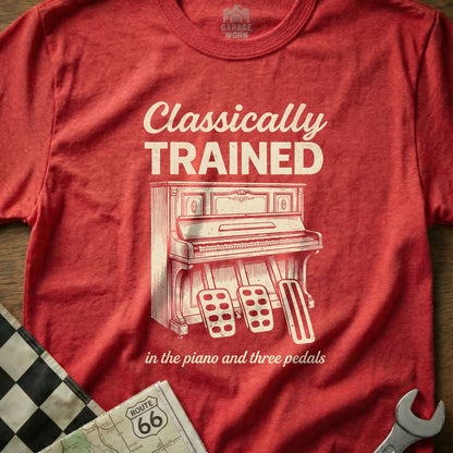 Red t-shirt with a vintage piano graphic and text "Classically Trained".