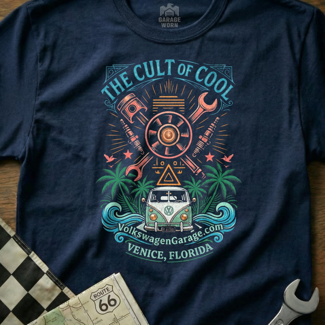 Navy t-shirt with "The Cult of Cool" graphic, VW van, and Venice, Florida.