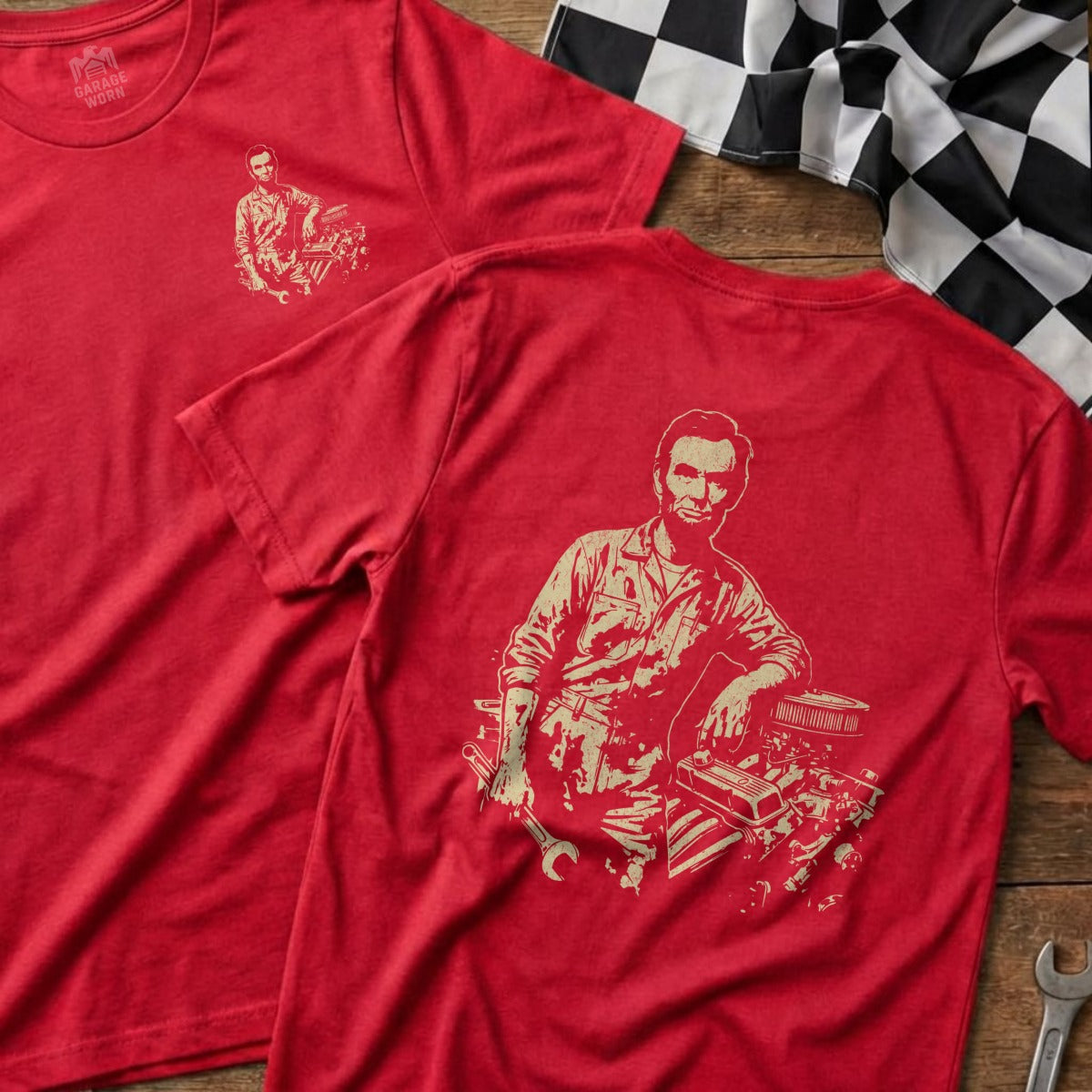 Red t-shirt with Abraham Lincoln at a car engine, back view.