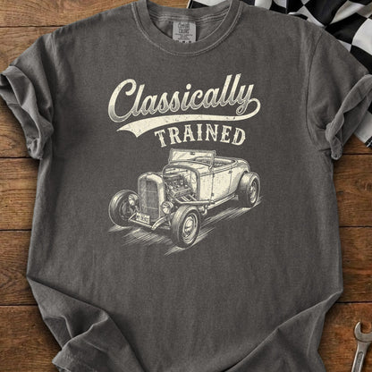 Dark gray t-shirt with white graphic of a vintage convertible and text "Classically TRAINED".