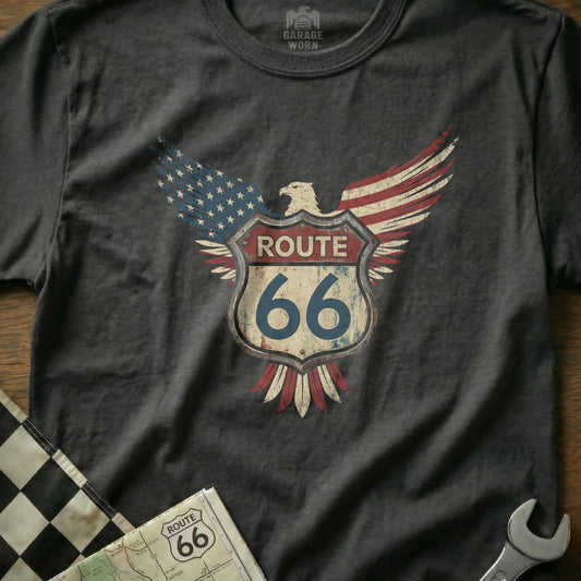 T-shirt featuring distressed Route 66 shield with eagle wings and American flag design.