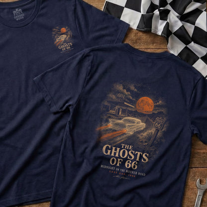 Navy t-shirt with vintage Route 66 gas station and car graphic.