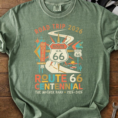 Route 66 Centennial graphic with "Road Trip 2026" and "The Mother Road".