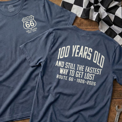 Blue t-shirt with Route 66 100 years 1926-2026 graphic on back.