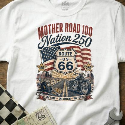T-shirt graphic with "Mother Road 100," "Nation 250," Route 66 sign, American flag, motorcycle, and desert scene.