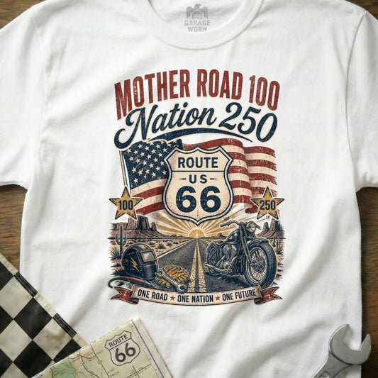 T-shirt graphic with "Mother Road 100," "Nation 250," Route 66 sign, American flag, motorcycle, and desert scene.