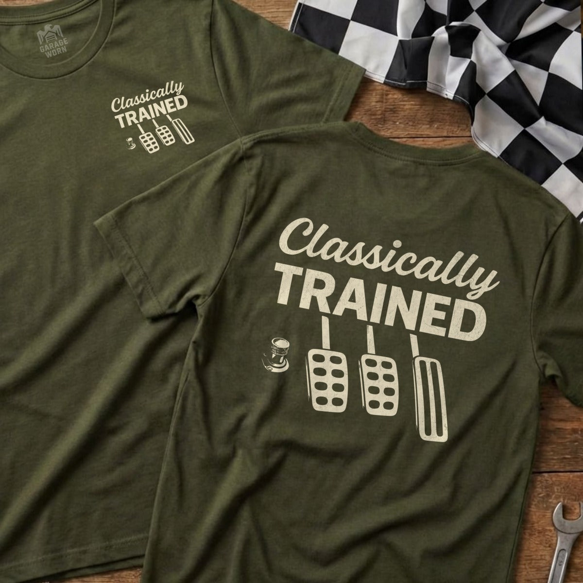 Green t-shirts with "Classically Trained" and pedal graphic.