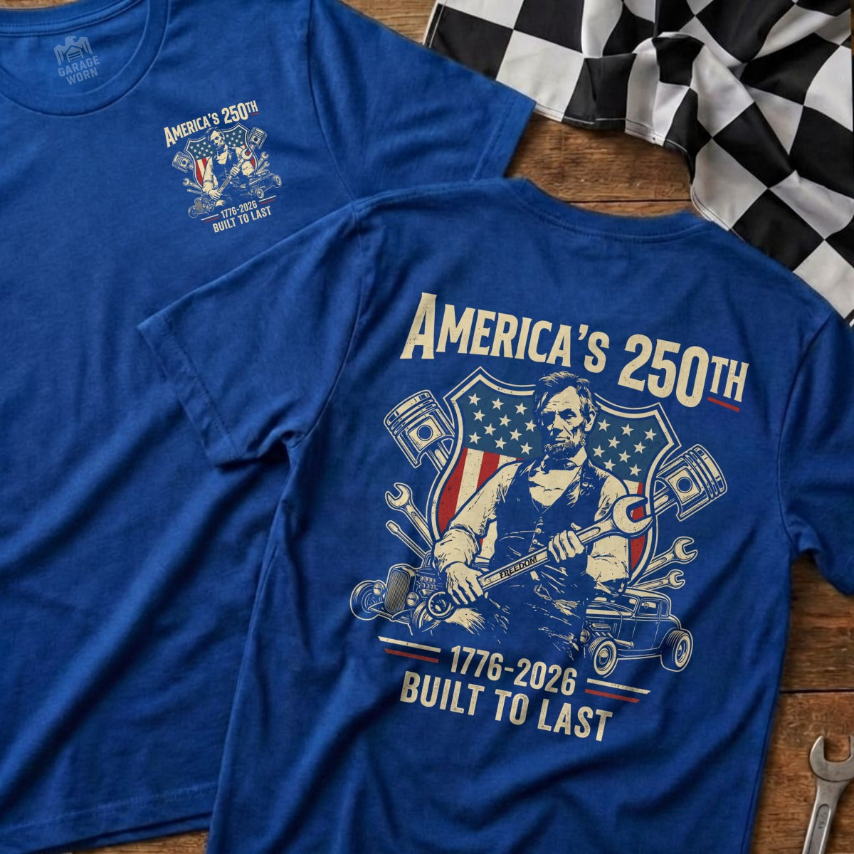 Blue t-shirt with "America's 250th" text and Abraham Lincoln graphic.