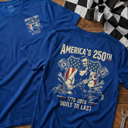 Blue t-shirt with "America's 250th" text and Abraham Lincoln graphic.