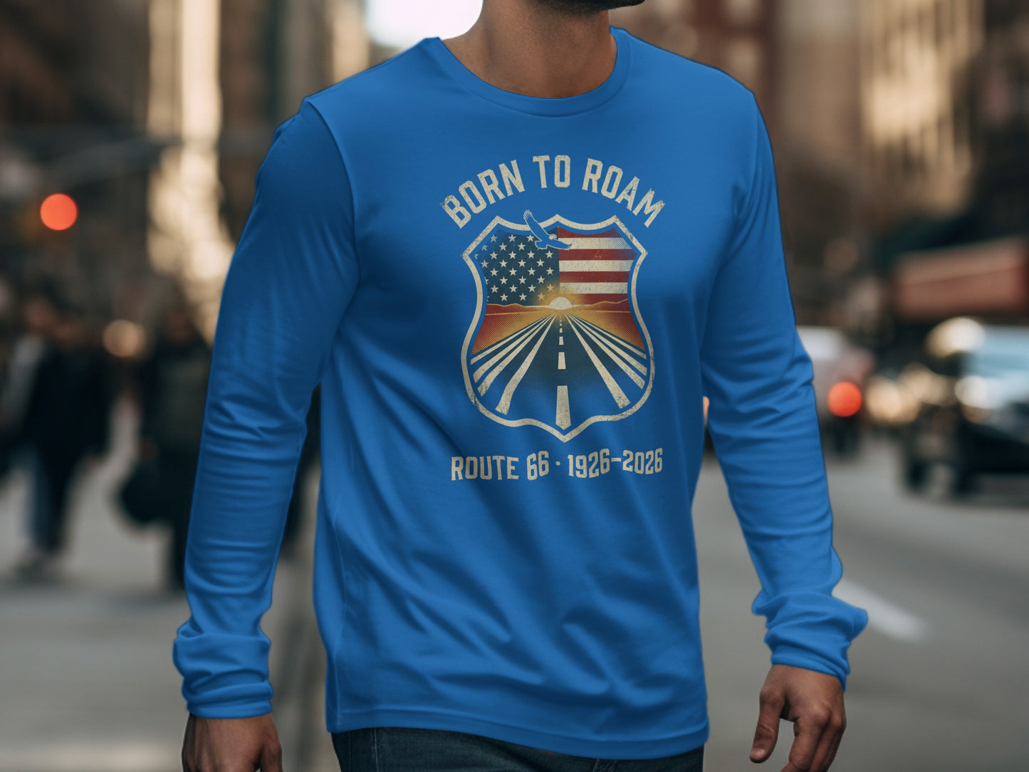 Blue long-sleeve shirt with "Born to Roam" Route 66 shield graphic.