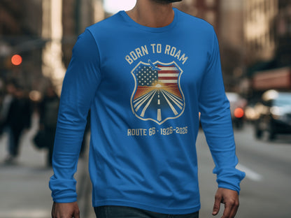 Blue long-sleeve shirt with "Born to Roam" Route 66 shield graphic.