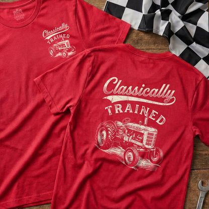 Red t-shirt with "Classically Trained" text and a vintage tractor graphic.