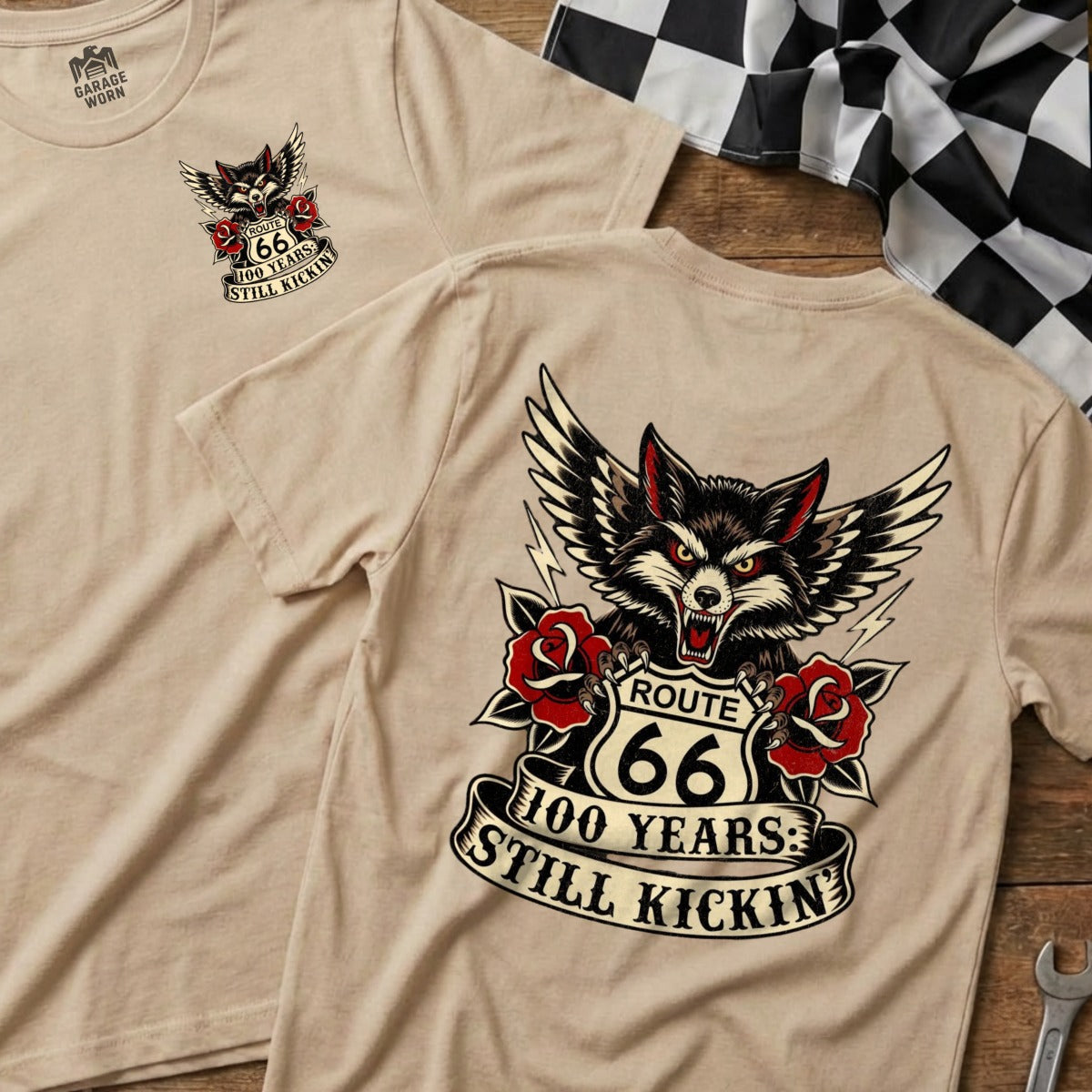 Tan t-shirt with Route 66 wolf and roses graphic.
