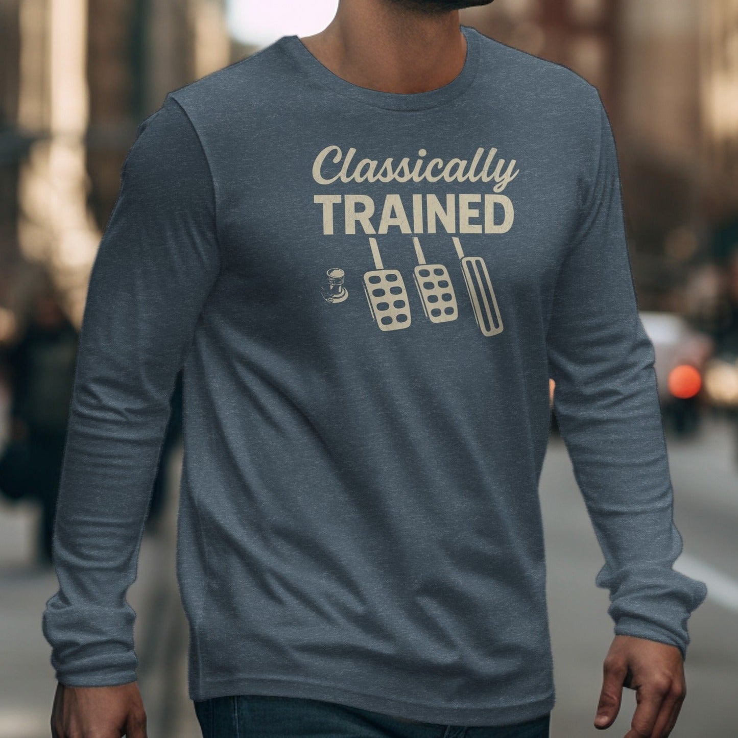 Long sleeve shirt with "Classically TRAINED" and pedal graphics.