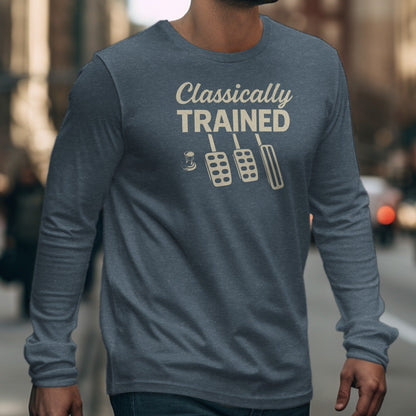 Long sleeve shirt with "Classically TRAINED" and pedal graphics.