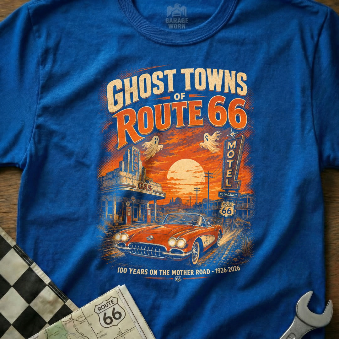 "Ghost Towns of Route 66" graphic with a vintage car and motel at sunset.